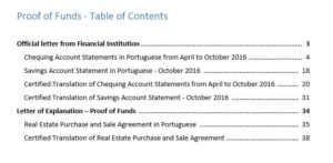 Sumário do pdf de proof of funds para imigração para o Canadá