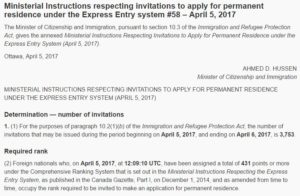 Express Entry draw 58 ITAs enviados 3753 e crs points 431