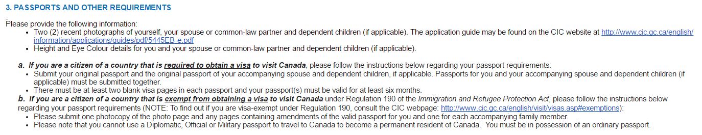 passaport requirements for pr visa