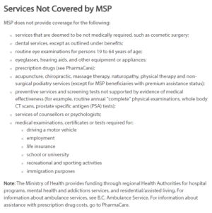 Serviços não cobertos MSP BC